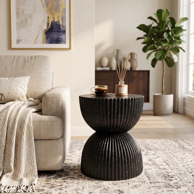 Alt view image 4 of 7 - Speckled Hourglass Side Table, Fully Assembled Non Foldable Ribbed Accent End Table Indoor Outdoor Side