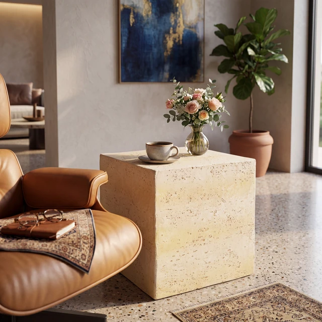 Alt view image 6 of 7 - Square Side Table, Faux Textured Accent End Table Pre Assembled Non Design Load Capacity Indoor and Outdoor Use Cube