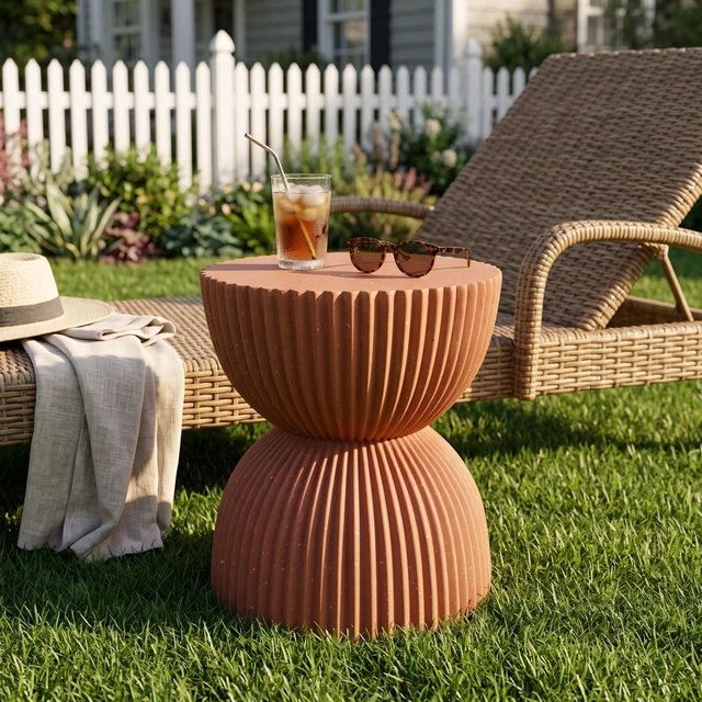 Main image of Terracotta Speckled Hourglass Side Table, Fully Assembled Non Foldable Ribbed Accent End Table Indoor and Outdoor Decor
