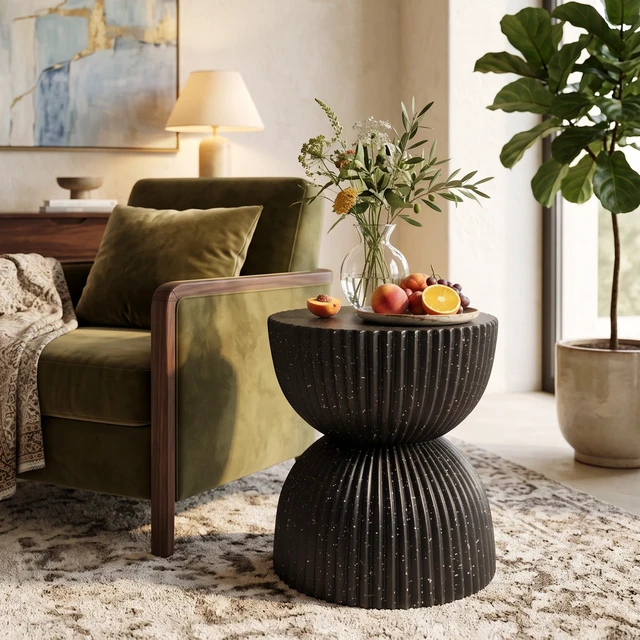 Alt view image 3 of 7 - Speckled Hourglass Side Table, Fully Assembled Non Foldable Ribbed Accent End Table Indoor Outdoor Side