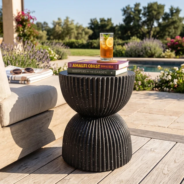 Main image of Speckled Hourglass Side Table, Fully Assembled Non Foldable Ribbed Accent End Table Indoor Outdoor Side