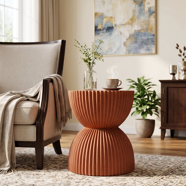 Alt view image 4 of 7 - Terracotta Speckled Hourglass Side Table, Fully Assembled Non Foldable Ribbed Accent End Table Indoor and Outdoor Decor