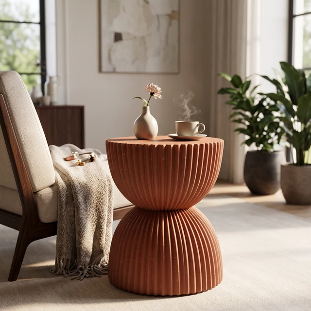 Alt view image 3 of 7 - Terracotta Speckled Hourglass Side Table, Fully Assembled Non Foldable Ribbed Accent End Table Indoor and Outdoor Decor