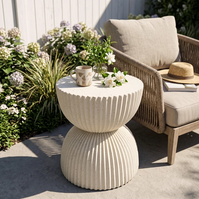 Main image of Speckled Hourglass Side Table, Fully Assembled Non Foldable Ribbed Accent End Table Indoor and Outdoor Decor