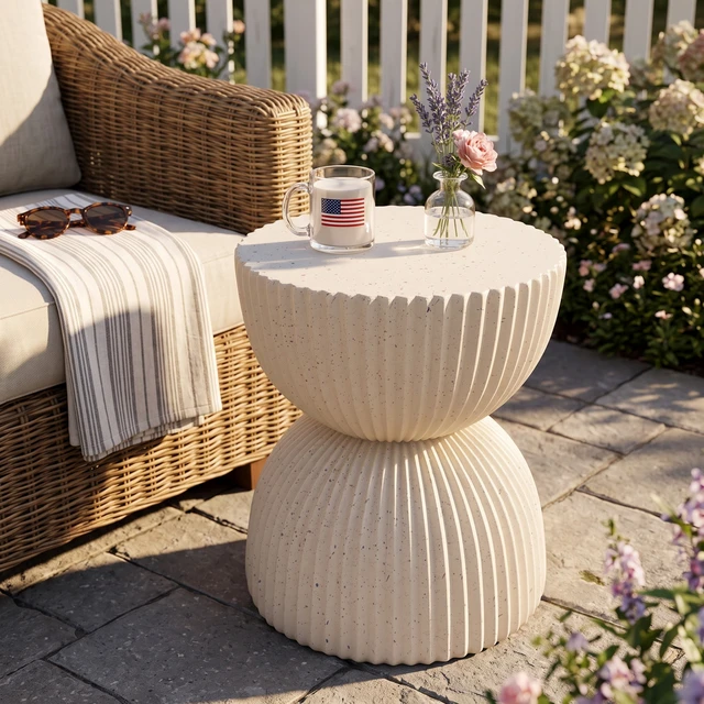 Alt view image 4 of 7 - Speckled Hourglass Side Table, Fully Assembled Non Foldable Ribbed Accent End Table Indoor and Outdoor Decor