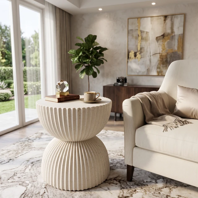 Alt view image 3 of 7 - Speckled Hourglass Side Table, Fully Assembled Non Foldable Ribbed Accent End Table Indoor and Outdoor Decor