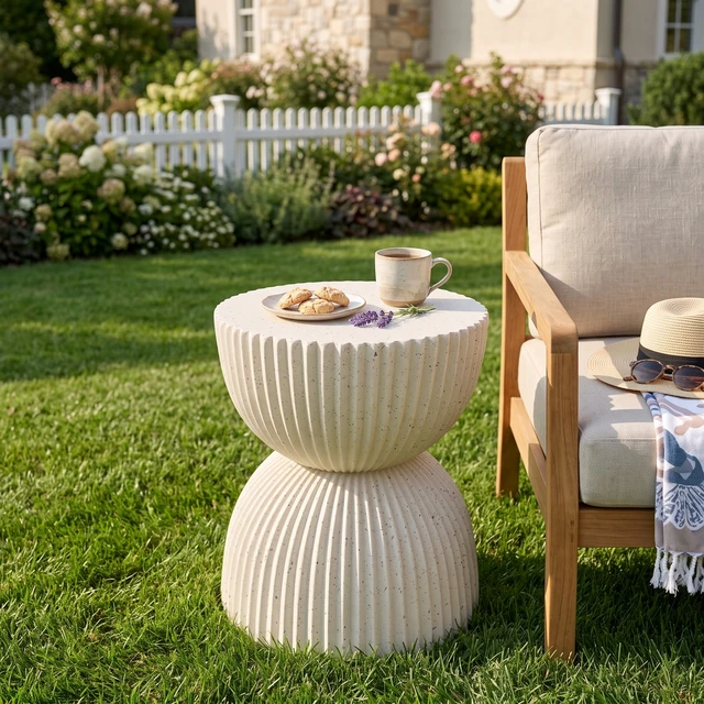 Alt view image 5 of 7 - Speckled Hourglass Side Table, Fully Assembled Non Foldable Ribbed Accent End Table Indoor and Outdoor Decor