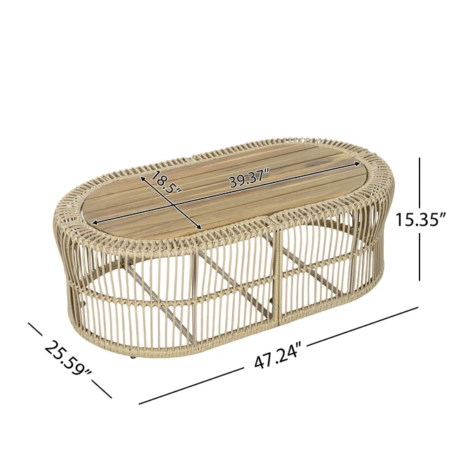 Alt view image 2 of 7 - Oval Wicker Coffee Table, Hand Woven Wicker Frame with Teak Finish Tabletop Weight Capacity Indoor and Outdoor Oval