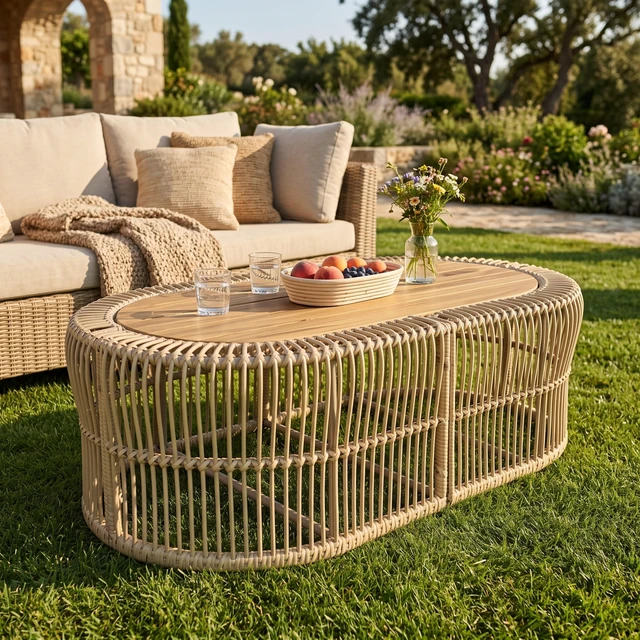 Main image of Oval Wicker Coffee Table, Hand Woven Wicker Frame with Teak Finish Tabletop Weight Capacity Indoor and Outdoor Oval