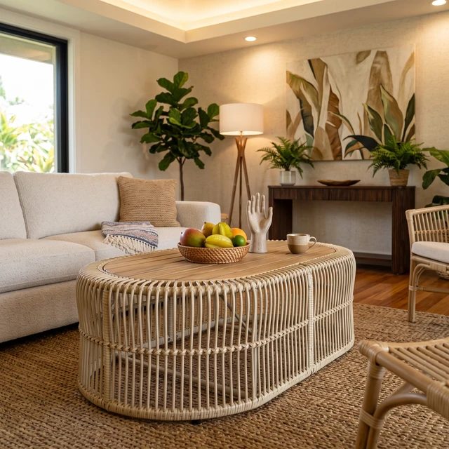 Alt view image 4 of 7 - Oval Wicker Coffee Table, Hand Woven Wicker Frame with Teak Finish Tabletop Weight Capacity Indoor and Outdoor Oval