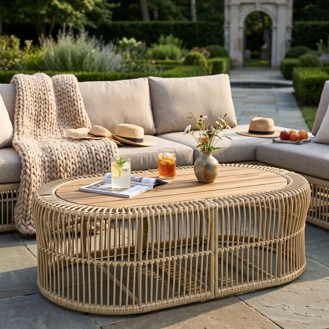 Alt view image 3 of 7 - Oval Wicker Coffee Table, Hand Woven Wicker Frame with Teak Finish Tabletop Weight Capacity Indoor and Outdoor Oval