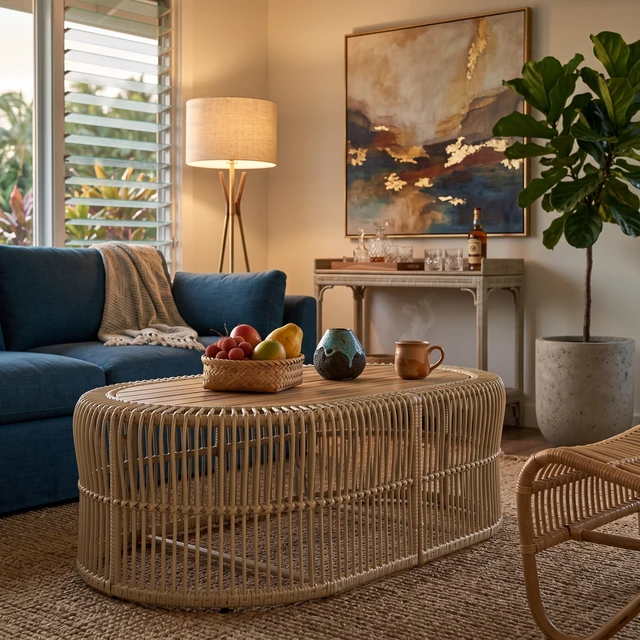 Alt view image 5 of 7 - Oval Wicker Coffee Table, Hand Woven Wicker Frame with Teak Finish Tabletop Weight Capacity Indoor and Outdoor Oval