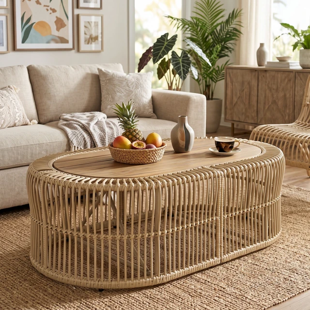 Alt view image 6 of 7 - Oval Wicker Coffee Table, Hand Woven Wicker Frame with Teak Finish Tabletop Weight Capacity Indoor and Outdoor Oval