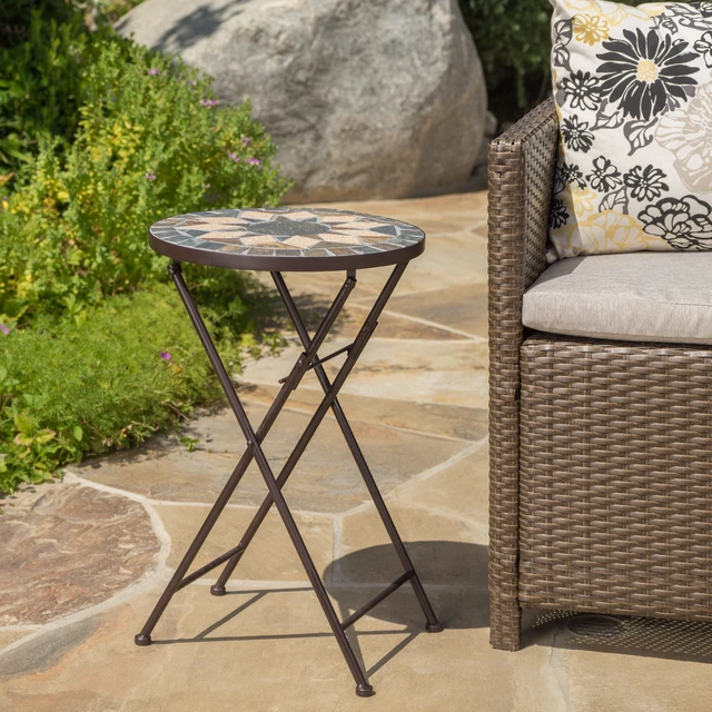 Alt view image 3 of 7 - End Table, Beige Black, Ceramic Tile and Iron, Outdoor Tables