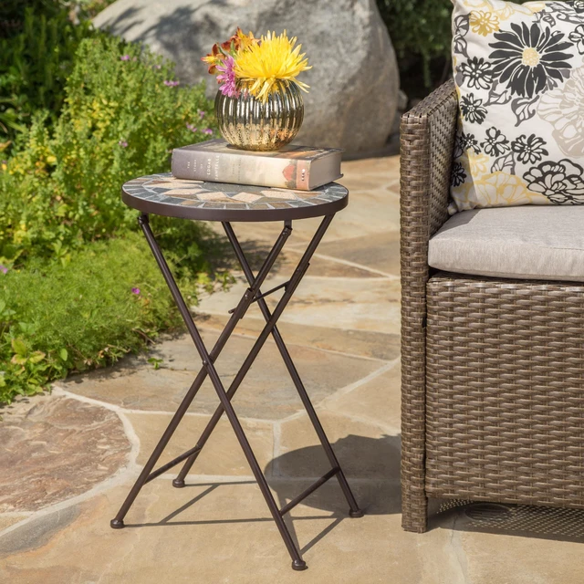 Main image of End Table, Beige Black, Ceramic Tile and Iron, Outdoor Tables