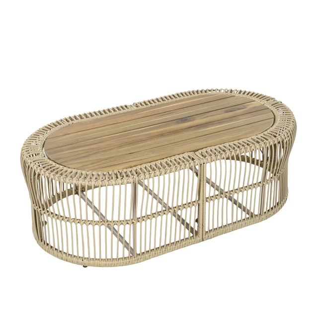 Alt view image 7 of 7 - Oval Wicker Coffee Table, Hand Woven Wicker Frame with Teak Finish Tabletop Weight Capacity Indoor and Outdoor Oval