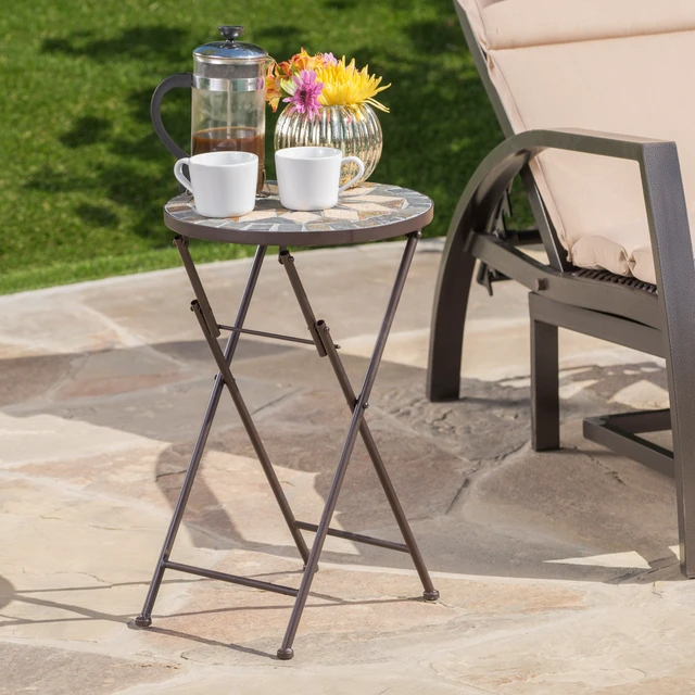 Alt view image 4 of 7 - End Table, Beige Black, Ceramic Tile and Iron, Outdoor Tables
