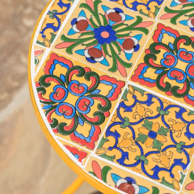 Alt view image 4 of 7 - Outdoor Side Table with Tile Mosaic Table Top and Metal Legs, Yellow, Ceramic Tile and Iron