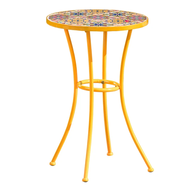 Alt view image 6 of 7 - Outdoor Side Table with Tile Mosaic Table Top and Metal Legs, Yellow, Ceramic Tile and Iron