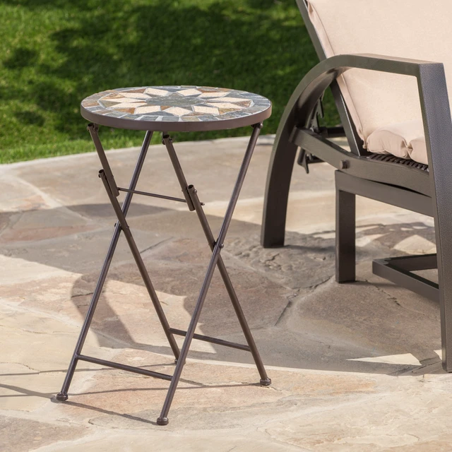 Alt view image 5 of 7 - End Table, Beige Black, Ceramic Tile and Iron, Outdoor Tables