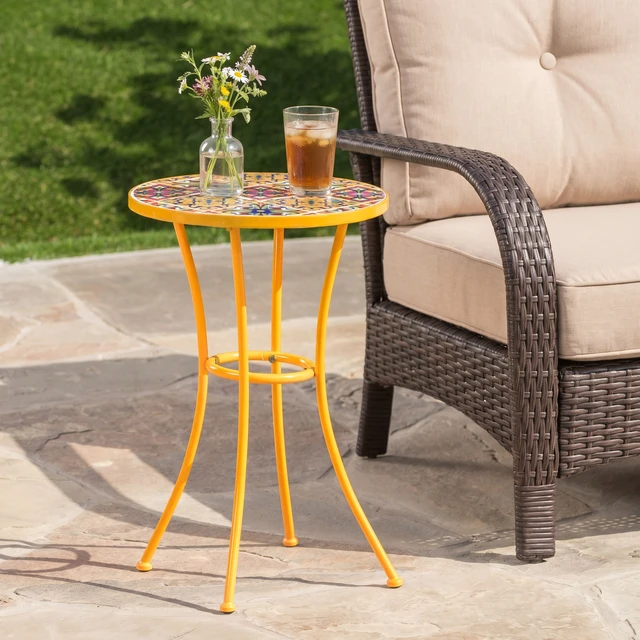 Alt view image 2 of 7 - Outdoor Side Table with Tile Mosaic Table Top and Metal Legs, Yellow, Ceramic Tile and Iron