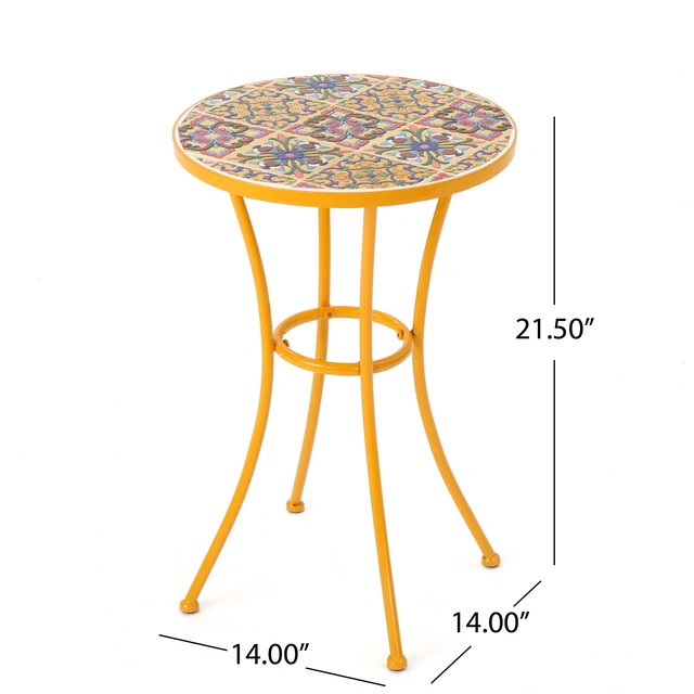Alt view image 5 of 7 - Outdoor Side Table with Tile Mosaic Table Top and Metal Legs, Yellow, Ceramic Tile and Iron