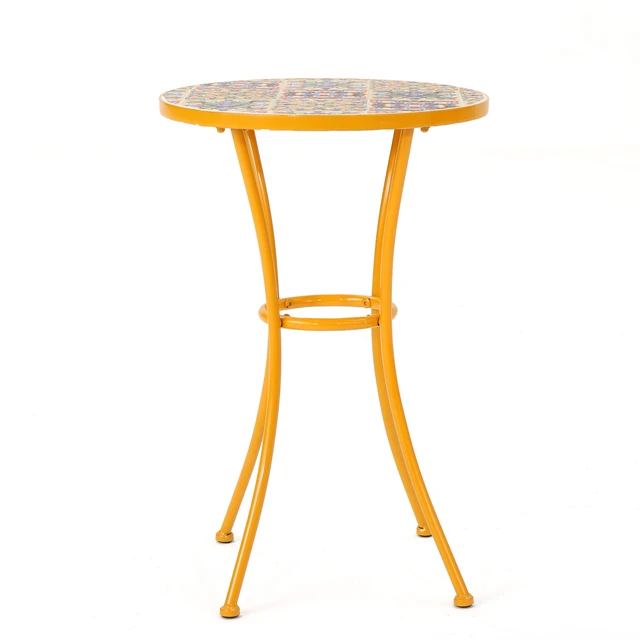 Alt view image 3 of 7 - Outdoor Side Table with Tile Mosaic Table Top and Metal Legs, Yellow, Ceramic Tile and Iron