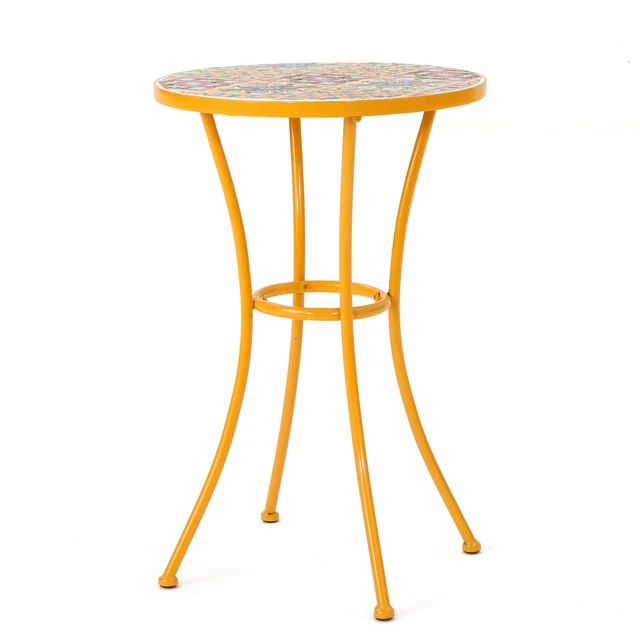 Alt view image 7 of 7 - Outdoor Side Table with Tile Mosaic Table Top and Metal Legs, Yellow, Ceramic Tile and Iron