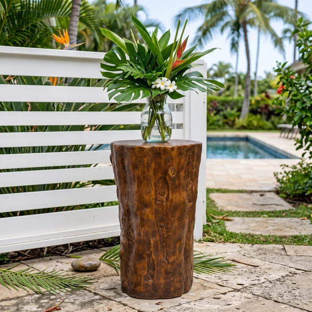 Alt view image 3 of 7 - Tree Stump Side Table, Material End Table Indoor Outdoor Use Wood Grain Accent Hollow Design Easy Move Holds Ready Use
