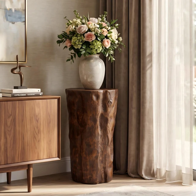 Alt view image 4 of 7 - Tree Stump Side Table, Material End Table Indoor Outdoor Use Wood Grain Accent Hollow Design Easy Move Holds Ready Use