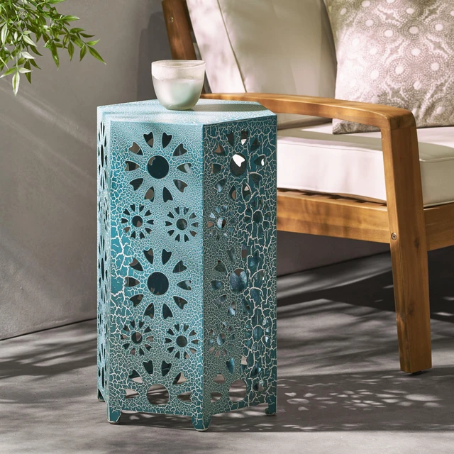 Main image of Galore 14 Inch Side Table with Sunburst Cut Out Design, Teal, Iron, Outdoor Tables