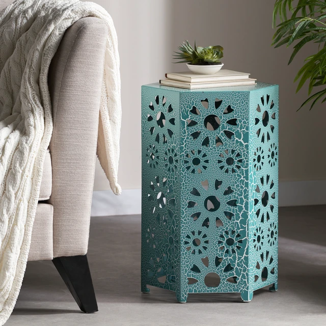 Alt view image 3 of 7 - Galore 14 Inch Side Table with Sunburst Cut Out Design, Teal, Iron, Outdoor Tables