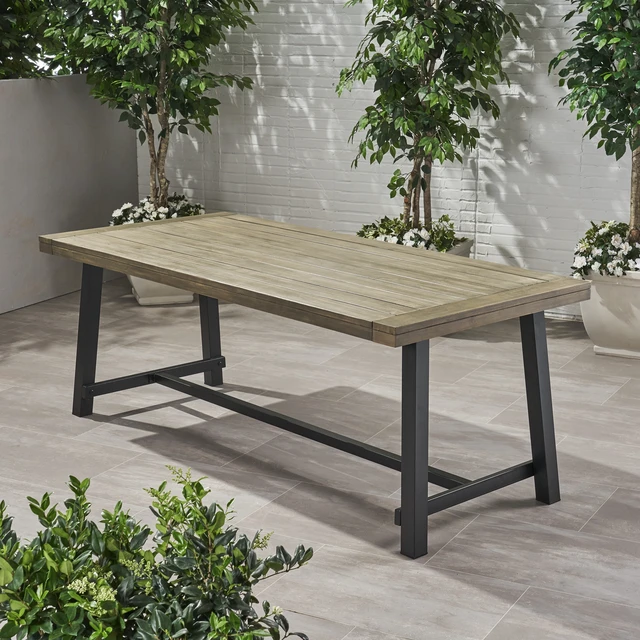Alt view image 3 of 7 - Outdoor Dining Table, Metal, Grey Black, Acacia Wood