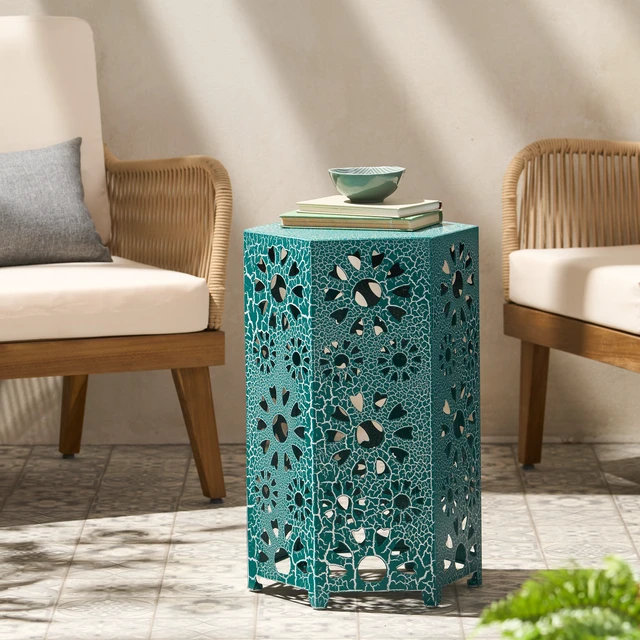 Alt view image 4 of 7 - Galore 14 Inch Side Table with Sunburst Cut Out Design, Teal, Iron, Outdoor Tables