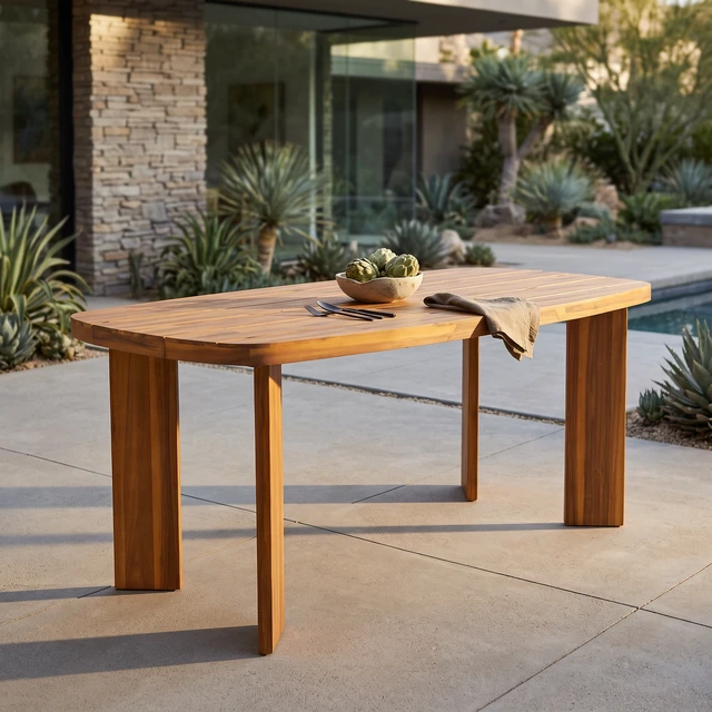 Alt view image 3 of 7 - 71 Inch Outdoor Dining Table, Teak Finish Rounded End Rectangular Patio Wooden Table for Garden Deck Poolside, Teak