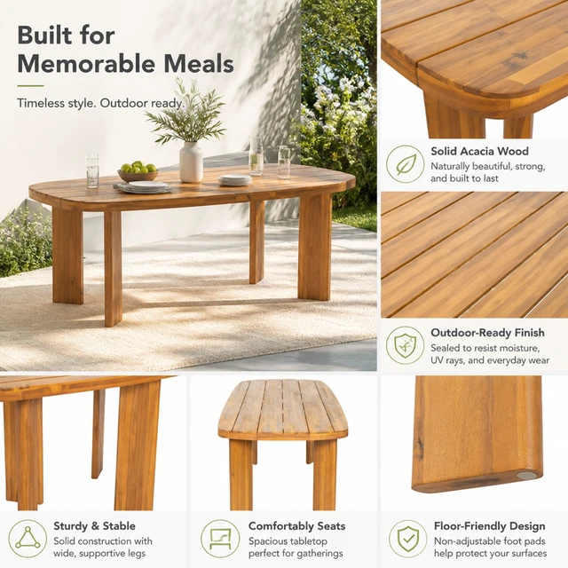 Alt view image 4 of 7 - 71 Inch Outdoor Dining Table, Teak Finish Rounded End Rectangular Patio Wooden Table for Garden Deck Poolside, Teak