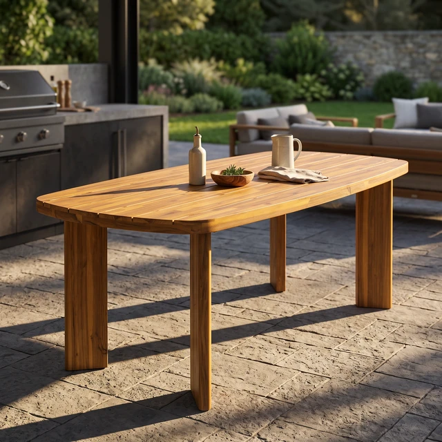 Alt view image 2 of 7 - 71 Inch Outdoor Dining Table, Teak Finish Rounded End Rectangular Patio Wooden Table for Garden Deck Poolside, Teak