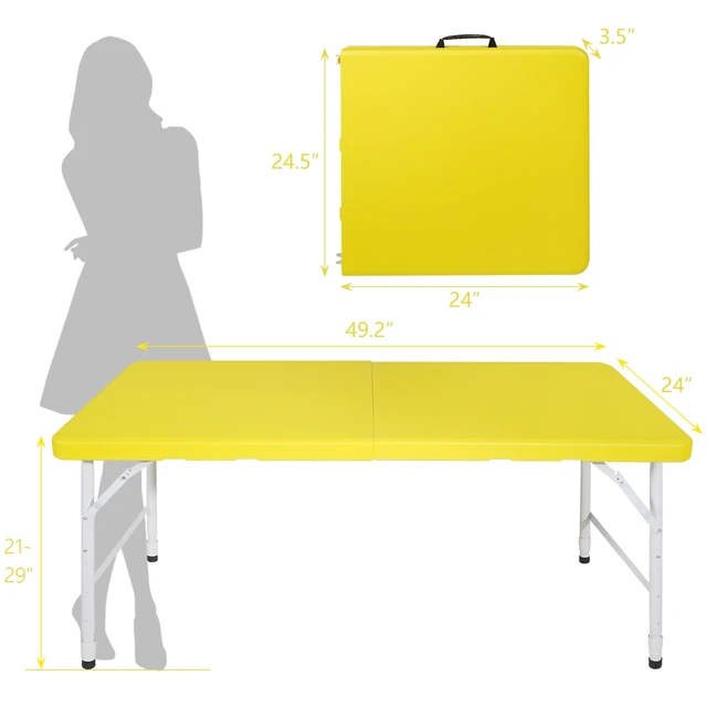 Alt view image 2 of 7 - 4 ft Portable Folding Table Indoor and Outdoor Maximum Weight Foldable Table for Camping, Yellow, Iron and Plastic