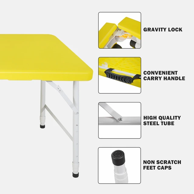 Alt view image 3 of 7 - 4 ft Portable Folding Table Indoor and Outdoor Maximum Weight Foldable Table for Camping, Yellow, Iron and Plastic