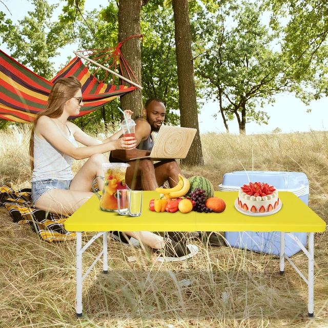 Alt view image 6 of 7 - 4 ft Portable Folding Table Indoor and Outdoor Maximum Weight Foldable Table for Camping, Yellow, Iron and Plastic