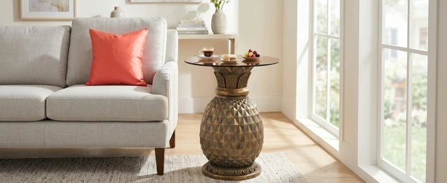Alt view image 6 of 7 - 23.62 Inch Pineapple Side Table with Glass Top, Outdoor Patio End Table Indoor Plant Stand for Living and Garden
