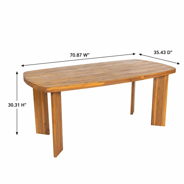 Alt view image 5 of 7 - 71 Inch Outdoor Dining Table, Teak Finish Rounded End Rectangular Patio Wooden Table for Garden Deck Poolside, Teak