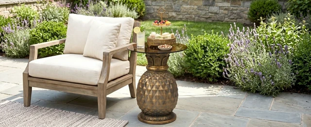 Alt view image 4 of 7 - 23.62 Inch Pineapple Side Table with Glass Top, Outdoor Patio End Table Indoor Plant Stand for Living and Garden