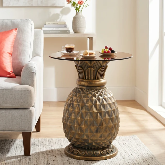 Alt view image 3 of 7 - 23.62 Inch Pineapple Side Table with Glass Top, Outdoor Patio End Table Indoor Plant Stand for Living and Garden