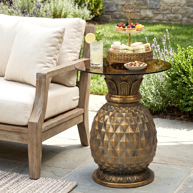 Main image of 23.62 Inch Pineapple Side Table with Glass Top, Outdoor Patio End Table Indoor Plant Stand for Living and Garden
