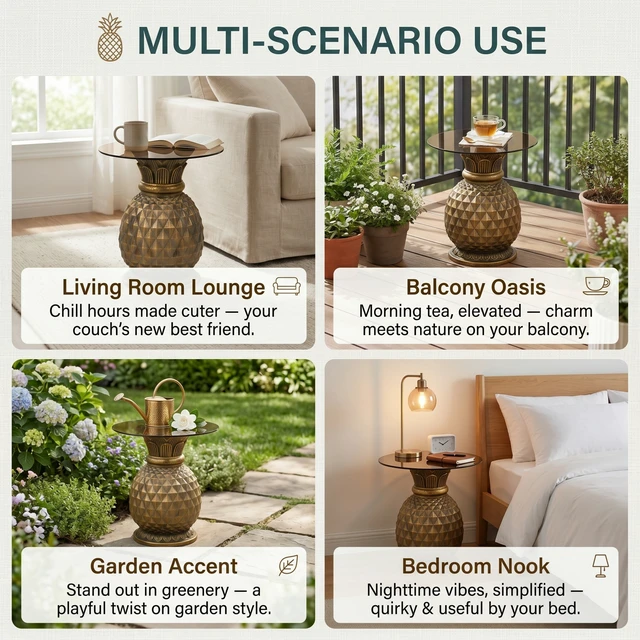 Alt view image 7 of 7 - 23.62 Inch Pineapple Side Table with Glass Top, Outdoor Patio End Table Indoor Plant Stand for Living and Garden