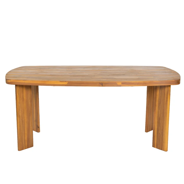 Alt view image 6 of 7 - 71 Inch Outdoor Dining Table, Teak Finish Rounded End Rectangular Patio Wooden Table for Garden Deck Poolside, Teak