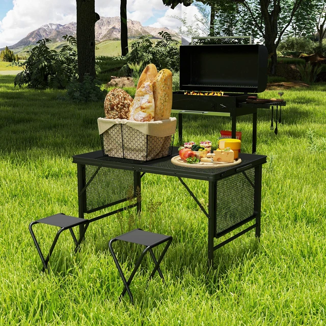 Alt view image 4 of 7 - Folding Grill Table, 4.5 ft Portable Camping Table with Wing Panels Height Adjustable Metal Outdoor for Picnic Bbq