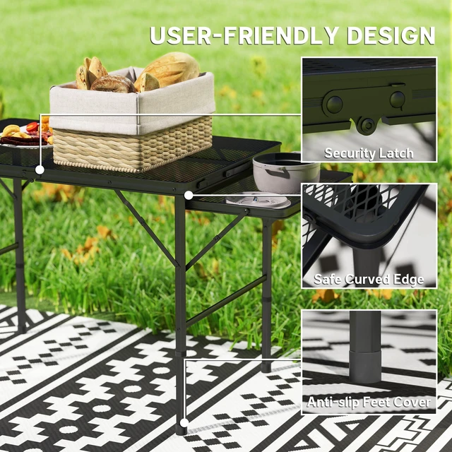 Alt view image 2 of 7 - Folding Grill Table, 4.5 ft Portable Camping Table with Wing Panels Height Adjustable Metal Outdoor for Picnic Bbq