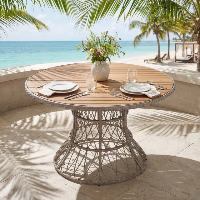 Alt view image 2 of 6 - Outdoor Dining Table Round Wood Top and Wicker Base, Patio Table for 4 Garden Outdoor Furniture Compatible